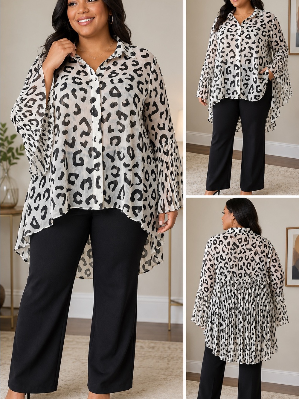 Avenue Studio Blouse 22/24 Plus Size Sheer Abstract Bell Sleeve High Low